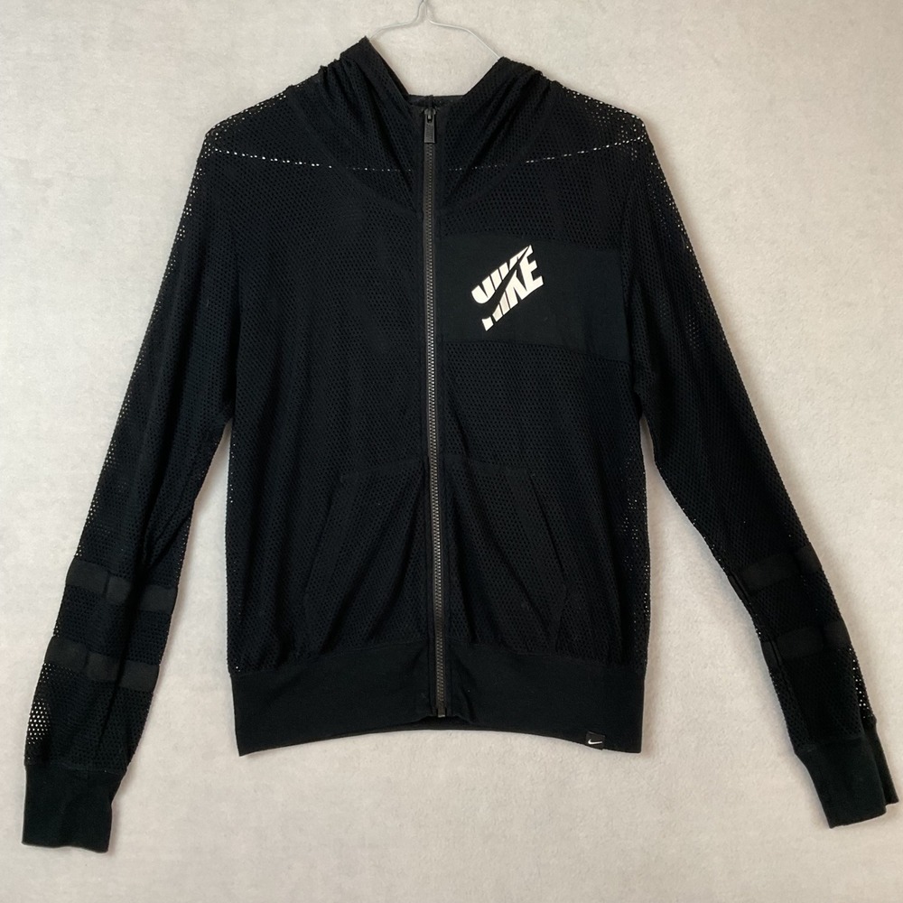 Nike Black Mesh Full Zip Hoodie Long Sleeve Logo Sportswear Jacket Mens Large
